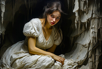 Obraz premium photographic composition of a young woman dressed in white, sad, portrait,
