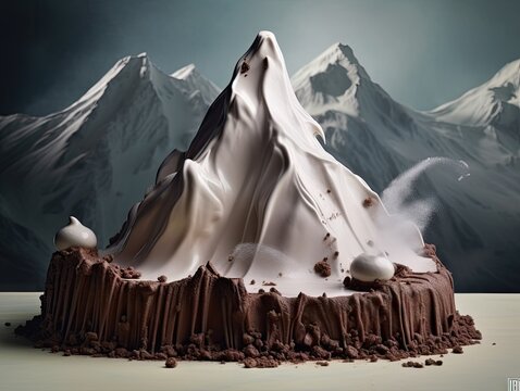 A chocolate mountain cake with a white chocolate peak and dark chocolate base.