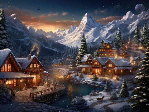 Naklejki A digital illustration of a snowy mountain village at night, with small wooden houses, Christmas decorations, and a starry sky.