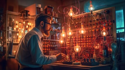 Fototapeta premium A scientist conducting experiments with electrical equipment, representing the research and exploration in electrical engineering