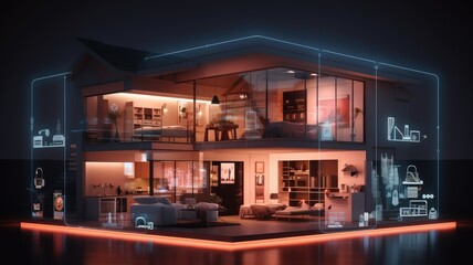 A smart home with interconnected devices controlled by a smartphone, showcasing the integration of electric-powered smart technology - obrazy, fototapety, plakaty