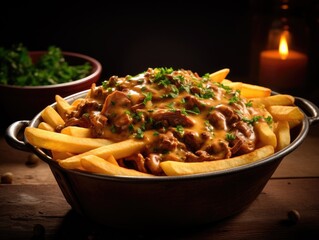 A bowl of stoofvlees beef stew with french fries, topped with parsley.