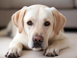 A close-up of a cute yellow Labrador retriever puppy laying on a carpet in a living room.