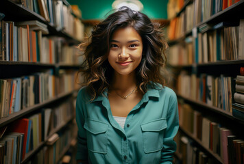 a young woman posing in a library
