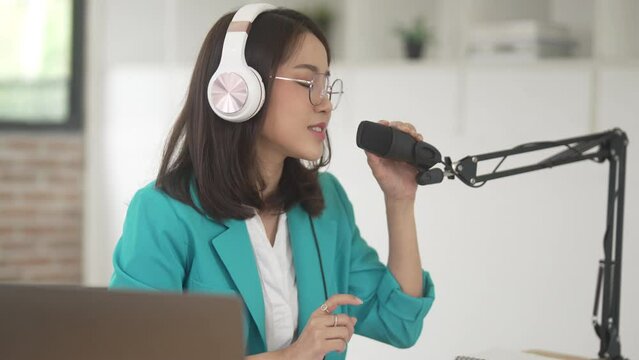 Podcast radio host recoding live broadcasting stream entertainment..