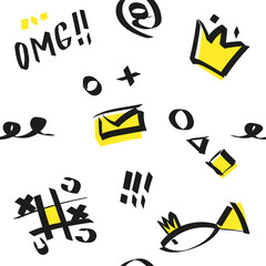 Youth pattern with inscriptions, objects, signs. Vector.