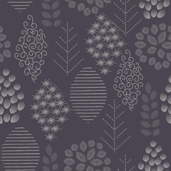Pattern with trees, flowers and leaves. Vector graphics. print