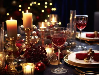 Beautiful served table with decorations and candles. Christmas dinner setting in a cozy dining room. Winter holidays and celebration concept of festive party