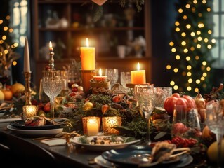 Obraz na płótnie Canvas Beautiful served table with decorations and candles. Christmas dinner setting in a cozy dining room. Winter holidays and celebration concept of festive party