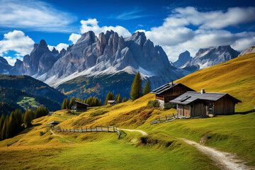 alpine village on the hill and snowy mountains in Background and the alpine meadow and pasture from the three stage alpine farming. There are old barns at the edge of forest and in the meadow. High