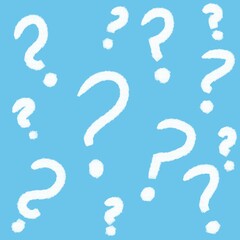 White question marks on light blue background