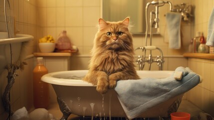 A cat sitting in a bathtub with a towel