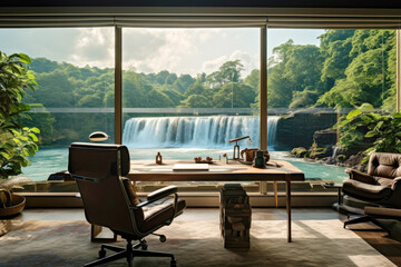 Luxury Home Office Design With a Beautiful Waterfall View From Panoramic Windows
