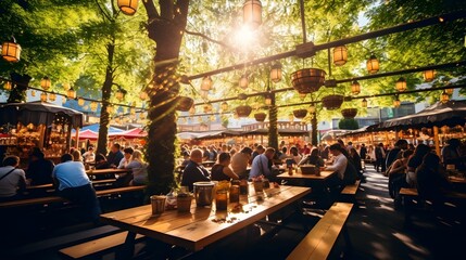 Oktoberfest Celebration in Munich: Beer Garden Bustle with Wooden Tables, Traditional German Attire, Lively Music, Bratwurst, Pretzels, and a Joyful Crowd - obrazy, fototapety, plakaty