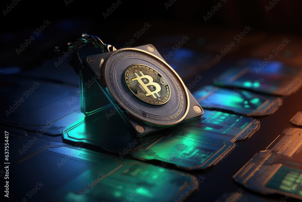 Poster a bitcoin keychain sitting on top of a keyboard. generative ai.