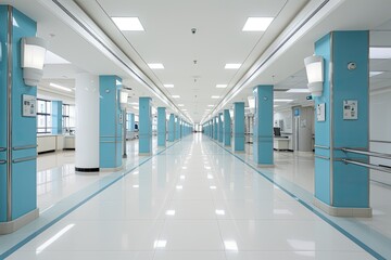 Naklejka na ściany i meble Empty modern hospital corridor, clinic hallway interior background with chairs for patients waiting for doctor visit. Contemporary waiting room in medical office. Healthcare services concept