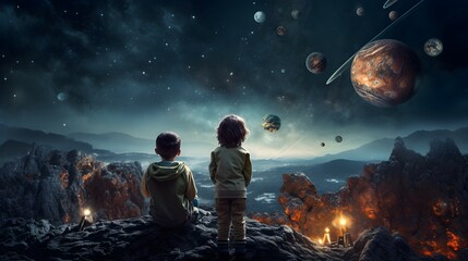 Young Astronauts Admiring the Night Sky during World Space Week, Exploring the Cosmos, World Space Week (October 4-10)