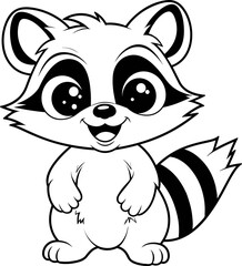Cute raccoon cartoon character black outline