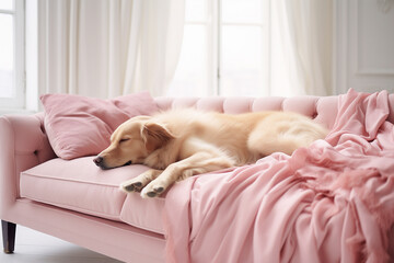 Golden retriever lying on pink sofa at home. Pet care concept
