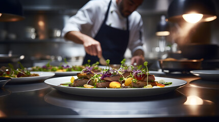 gourmet dish being prepared in a high-end restaurant kitchen
