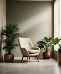 Modern white chair with plants in living 
