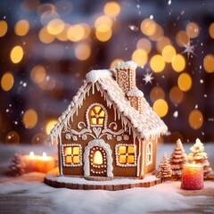 Homemade Christmas gingerbread house on the table. Christmas tree lights in the background. Xmas card. Design ai