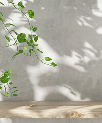Brown wooden shelf, green tropical creeper plant tree in sunlight, leaf shadow on gray polished...