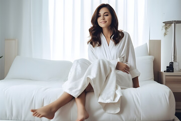 Lazy woman wearing bathrobe with slim smooth long beutiful legs lying on white bed and relaxing at cozy comfort bedroom at hotel room