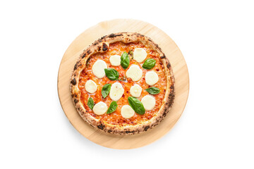 Wooden board with tasty pizza Margarita on white background