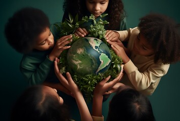 High angle view of multiethnic children holding globe in hands isolated on green