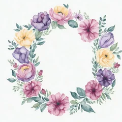 Fototapeten A watercolor wreath with flowers and leaves on white background © Ipixeler