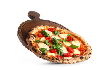 Flying wooden board with tasty pizza margarita on white background