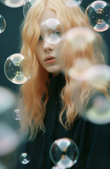 Girl without make-up with fair long hair and fair skin, close-up portrait in muted colors. Lady surrounded by soap bubbles.