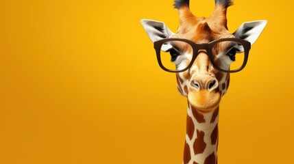 Giraffe wearing glasses on a solid color background - obrazy, fototapety, plakaty