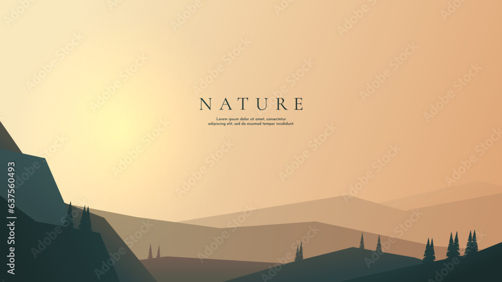 Wall mural vector illustration. evening polygonal landscape. clear sky background. triangle shapes. hills. grap