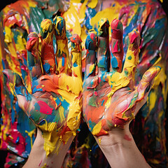 The hands of an artist who creates a masterpiece with acrylic paints and tempera. Oil on canvas, painting technique. Background of bright colors.