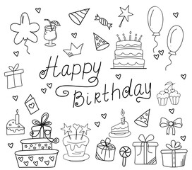 Happy Birthday cute doodle set. Hand draw vector illustration. Lines icons. Cakes, gift boxes, balloons, confetti and different party decoration.