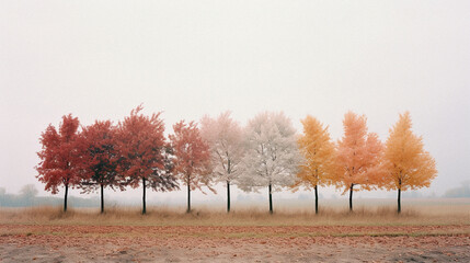 Gentle minimal autumn landscape, a tree that is in the fog, whose leaves of warm red and yellow colors are slowly falling. Change of seasons. - obrazy, fototapety, plakaty