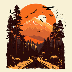 vector of high way to the mountain with beautiful sunset background illustration