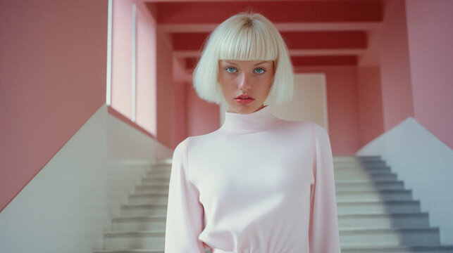 Young pretty girl, schoolgirl, blond hair with bangs hairstyle on pastel background inside educational building.