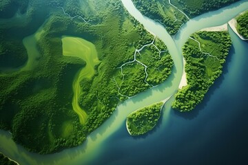 Obraz premium An aerial view of a river in the forest, generative AI