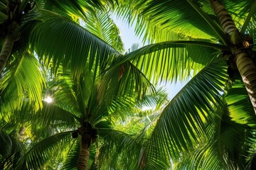 beautiful green jungle of lush palm leaves palm trees - obrazy, fototapety, plakaty