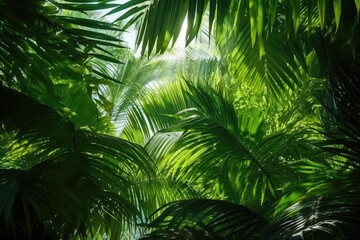beautiful green jungle of lush palm leaves palm trees