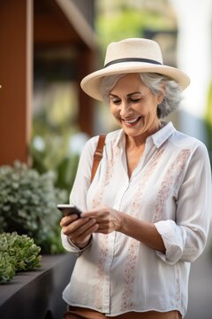 Cheerful senior woman using a mobile app on her smartphone. Generative AI