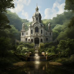 Piękna opuszczona świątynia - kościół w środku lasu nad jeziorem. - obrazy, fototapety, plakaty
