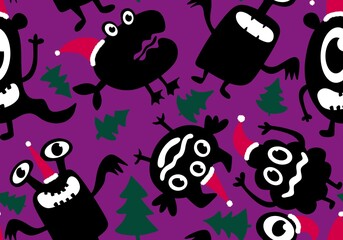 New year aliens seamless Christmas monsters with Santa hat pattern for wrapping paper and fabrics and kids