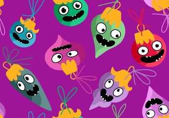 Christmas tree balls seamless cartoon monsters with face pattern for fabrics and wrapping paper and kids print