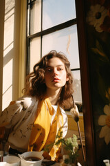 Fototapeta premium portrait of a woman/model/book character standing by a window in warm daylight with a thoughtful/sad expression in a fashion/beauty editorial magazine style film photography look - generative ai art