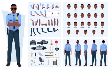 Black Policeman Character Constructor with Lip Sync, Emotions, Character Turnaround, Patrol Car and Gestures Vector File