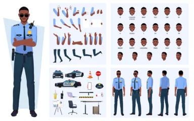 Fototapeten Black Policeman Character Constructor with Lip Sync, Emotions, Character Turnaround, Patrol Car and Gestures Vector File © CuteDesigns